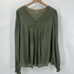 Nanette Lepore Sz XL Peasant Top Pintuck Blouse Olive Green Long Sleeve Boho